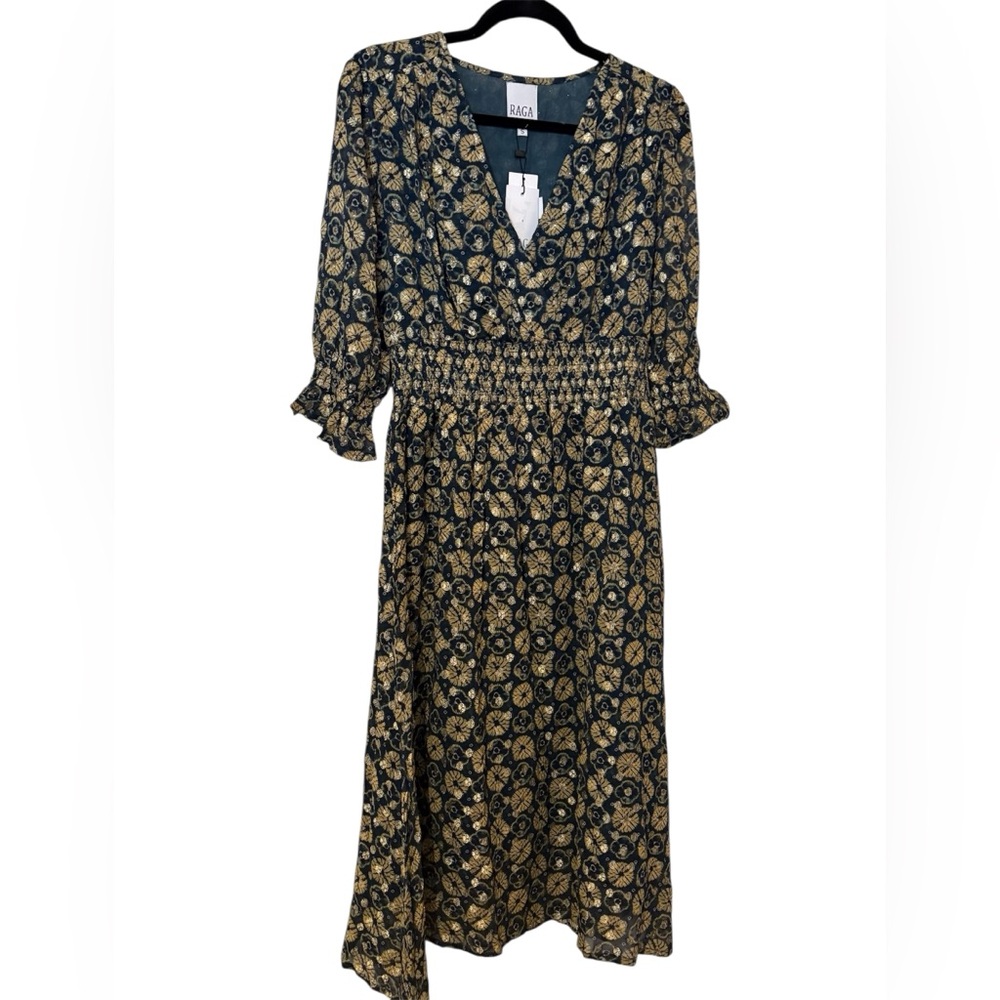 NWT RAGA Dress Midi Shirred Metallic Gold Navy Current A-line Cocktail Wedding